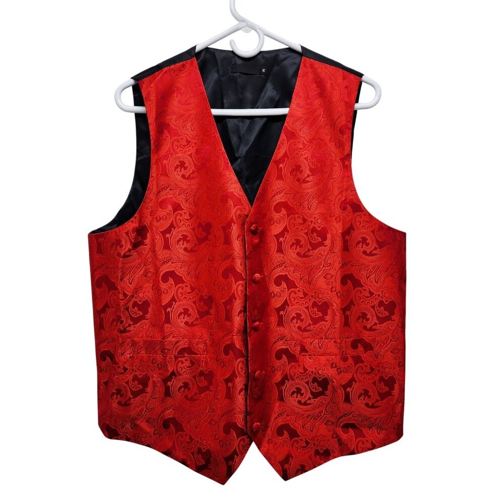 Mens Red Paisley Vest Set Tie Pocket Square Cufflinks & Boutonniere - Size M